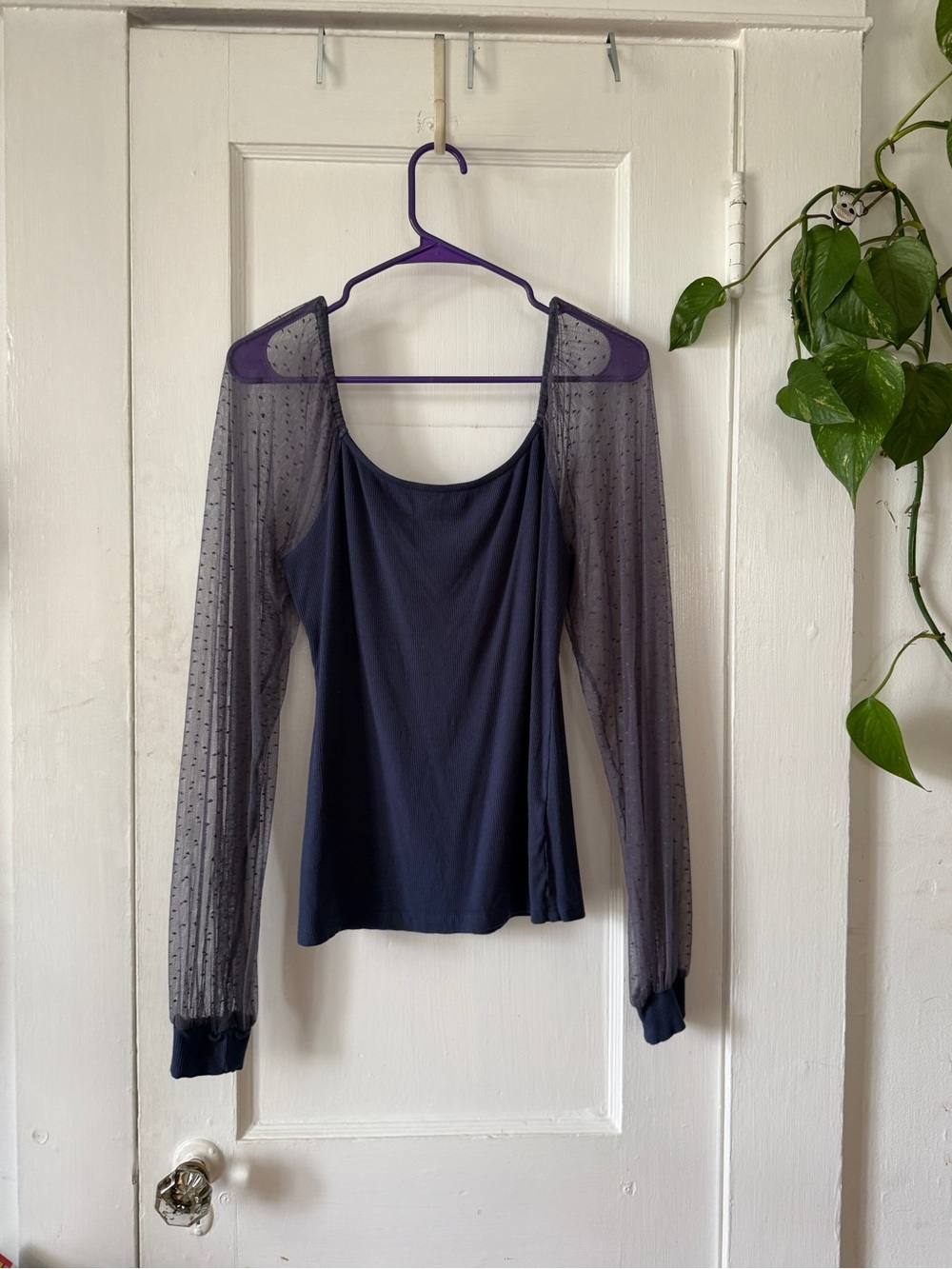 DOROSE size L Sheer Long-Sleeve Navy Women's Top
